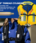 Image of 24G CO2 Cartridge Cylinder For Life Vests And PFD Rearming Kit, showing the cylinder, inflatable life jacket, and thread specifications.
