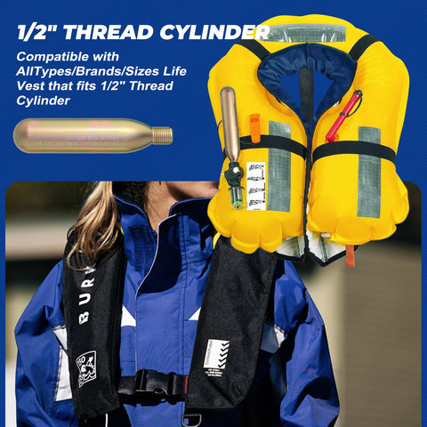 Image of 24G CO2 Cartridge Cylinder For Life Vests And PFD Rearming Kit, showing the cylinder, inflatable life jacket, and thread specifications.