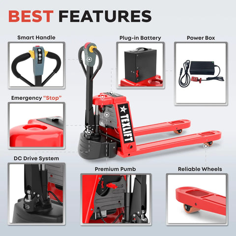 TEXLIFT 3300 Lb Full Electric Power Pallet Jack Standard Duty Pallet Truck highlighting smart handle and features.