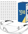 Bulk Pack Of One Hundred Eight Clear Safety Glasses Featuring Ansi Z87 Certified Build For Construction Sites And Lab Environments Individually Wrapped Heavy Duty Eye Protection That Offers Foolproof Coverage And Bang For The Buck with clear lenses and black rubber nose pads.