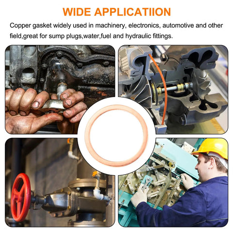 30 Pack Flat Copper Washers Metric 22x30x1.5mm shown in use for automotive and hydraulic fittings with hands and machinery.