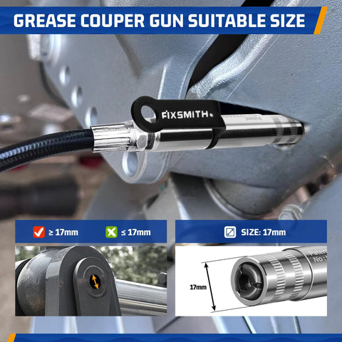 FIXSMITH grease gun coupler installed on hose end; chrome barrel with black locking clip; 1/8 NPT
