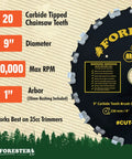 Carbide Tipped Chainsaw Brush Cutter Blade 9 Inch By 20 Teeth For Straight Shaft Trimmers with 1 Inch Arbor.