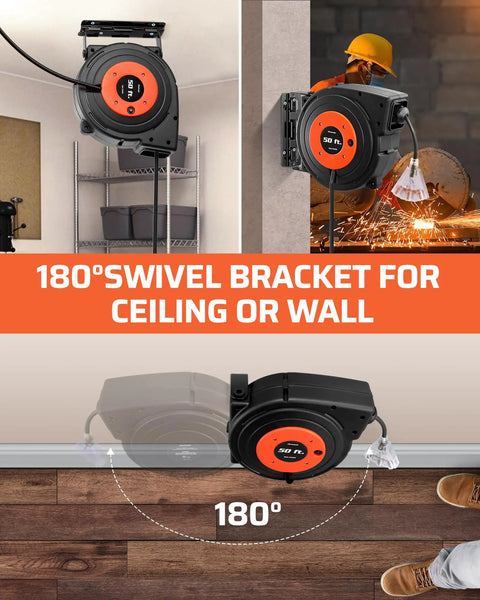 Mounted heavy duty 50 ft retractable extension cord reel with 3 grounded outlets, 180° swivel bracket for ceiling or wall.