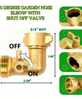 90 Degree Water Hose Elbow For RV And Garden: Brass Three Quarter Inch GHT Connector With Shut Off Valve, Lead-Free Inline Fitting For Tight Spaces, Prevents Kinks And Strain In City Water Hookups. 3/4 in brass elbow with shut-off valve