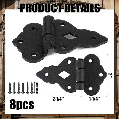 Eight Pack 3/8 Inch Offset Cabinet Hinge Set In Antique Black Powder Coat with screws, dimensions shown, heavy duty vintage style
