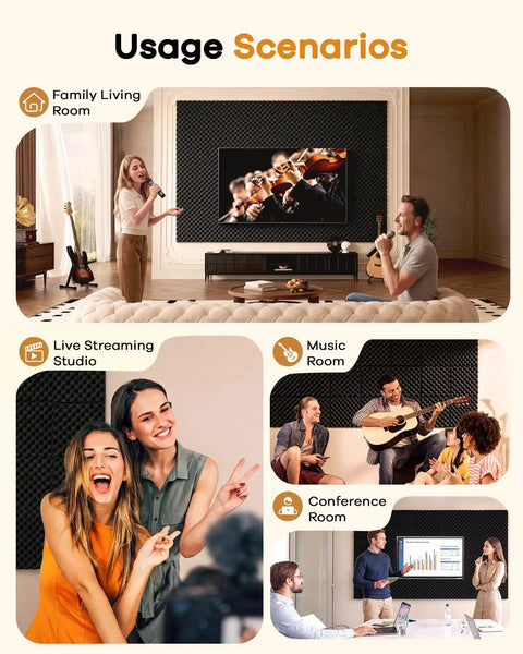 Level Up Your Home Setup With Upgraded Egg Crate Soundproofing Foam For Walls 6 Pack Self Adhesive Acoustic Panels in various room setups.