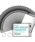 Oversized Dry Erase Pockets With Rings Pack of 30 for Reusable Worksheets, Clear Sheet Protectors in black with rings displayed.
