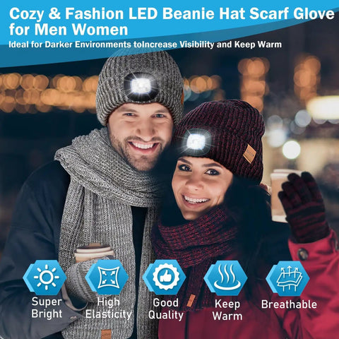 Couple wearing Lighted Beanie Hat Gloves Scarf Set With Built In USB Rechargeable Headlamp Cap 3 In 1 Warm Cozy Winter Gear.