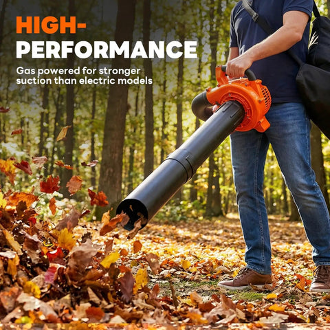 Person using Beast 3-In-1 Gas Leaf Blower Mulcher And Vacuum With 450 CFM Air Flow And 200 MPH Velocity in a forest clearing leaves