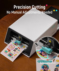 All In One Color Sticker Printer And Cutter For DIY Crafters And Custom Labels And Gifts With Thermal Dye Sublimation 300 DPI And Precise AI Auto Cutting for home or studio use.