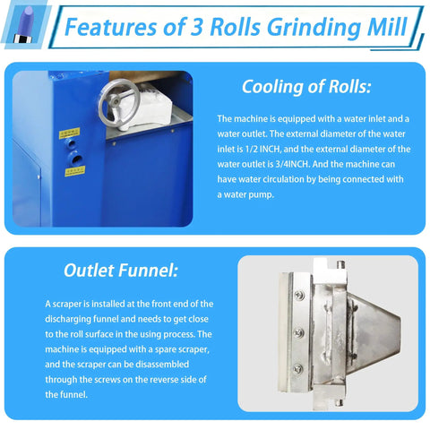 Heavy-Duty Pro Grade Triple Roll Mill Grinder Machine 220V cooling system close-up and outlet funnel view