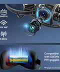 Ultra Light 1S Brushless Whoop FPV Drone indoor lens details and compatibility with 5.8GHz FPV goggles display.