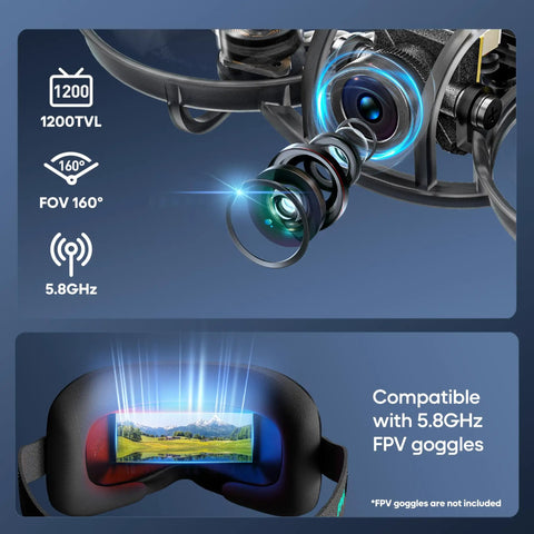 Ultra Light 1S Brushless Whoop FPV Drone indoor lens details and compatibility with 5.8GHz FPV goggles display.