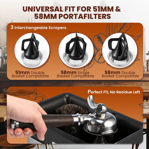 Automatic Electric Portafilter Puck Cleaner With Scrapers And Brush Heads For 51MM And 58MM Espresso Machines showing 3 scrapers for different portafilters.