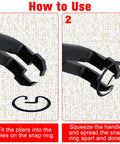 75 Degree Angled U-Joint Snap Ring Pliers With Push Pin Removal Tool showing how to use on Hotchkiss style rings, close-up view.