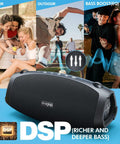 Monster Bass 120W Outdoor Bluetooth Speaker Boombox With IPX6 Waterproof Build shown in various settings with people enjoying music