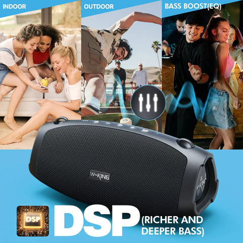 Monster Bass 120W Outdoor Bluetooth Speaker Boombox With IPX6 Waterproof Build shown in various settings with people enjoying music