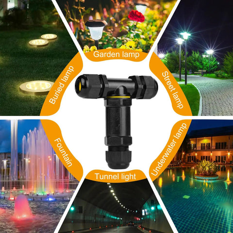 Outdoor Waterproof Junction Box T-Shape 3-Way 5-Pin Cable Connector with M25 Glands surrounded by various lighting uses
