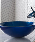 Round Blue Glass Vessel Bathroom Sink For Above Counter Installations With Easy To Clean Smooth Interior Durable Scratch Resistant Surface GV204
