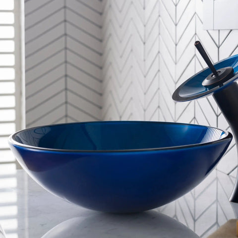 Round Blue Glass Vessel Bathroom Sink For Above Counter Installations With Easy To Clean Smooth Interior Durable Scratch Resistant Surface GV204
