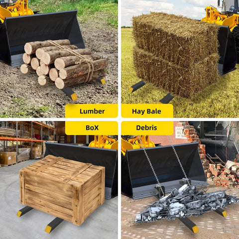 43 Inch Clamp On Pallet Forks For Bucket Attachments Heavy Duty Built Tough For Real World Jobs 2500 Lbs Capacity lifting logs and hay
