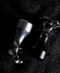 Top Shelf Adjustable Coffee Tamper With Smooth Flat Base Stainless Steel Barista Tool For Your Daily Grind Custom Size Powder Hammer Heavy Duty Kitchen Game Changer Gray, featuring metallic finishes.