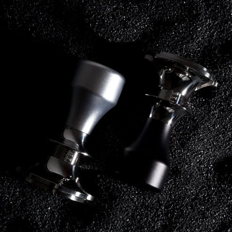 Heavy Duty Adjustable Coffee Tamper With Flat Base And Custom Sizes Made From Food Grade Stainless Steel, silver and black design
