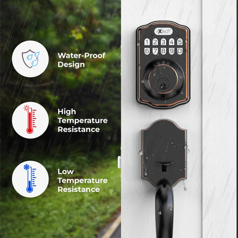 Keyless Door Lock With Handle In Oil Rubbed Bronze 6 Codes For Quick Access shown in rain highlighting durability