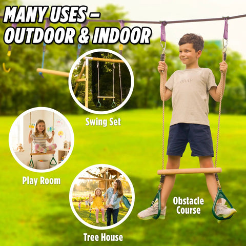 Child using Kids Trapeze Bar With 18 Inch Adjustable Height And Gym Rings For Swing Sets Ninja Warrior Obstacle Course.