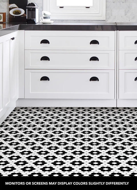 Black And White Geometric Floral Peel And Stick Floor Tiles 12x12 Inch 10 Pack No Grout Needed Water Resistant Vinyl Flooring