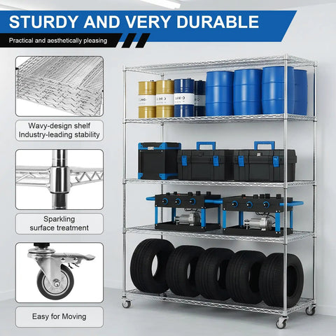 Beefy 5 Tier Wire Shelving Unit With Brake Wheels, shown loaded with tools and barrels, highlighting sturdy and durable design.