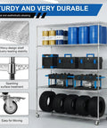 5 Tier Metal Shelving Unit With Wheels And Liners Beefy Heavy Duty Storage Rack loaded with tools and materials in a garage setup
