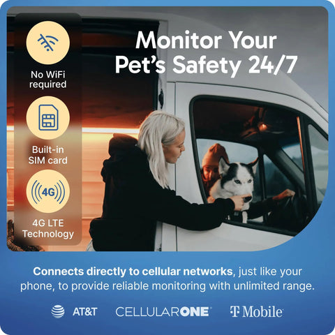 Woman in RV using Cellular Temperature Monitor With 4G LTE And Humidity Sensor Remote Power Failure Alarm for pet safety.