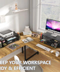 Desk Organizer and Monitor Stand With Drawer and Two Pen Holders for Laptop Setup, Ergonomic Two Tier Riser Elevates Screen, Black.