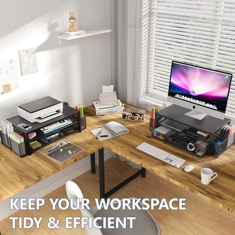 Desk Organizer and Monitor Stand With Drawer and Two Pen Holders for Laptop Setup, Ergonomic Two Tier Riser Elevates Screen, Black.