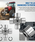 Beefy Universal Joint Kit For Tractor Driveshaft With Needle Bearing 441M, heavy duty alloy steel design and components displayed.