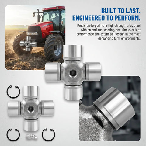 Beefy Universal Joint Kit For Tractor Driveshaft With Needle Bearing 441M, heavy duty alloy steel design and components displayed.
