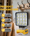 Beast Cordless LED Work Light With 112W 11200LM Output shown in garage with measurements and specs highlighted