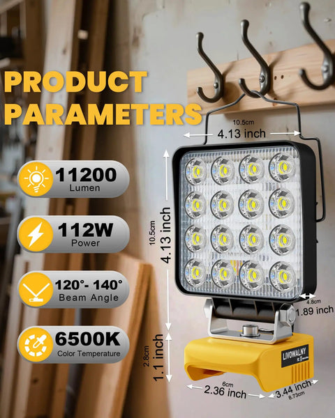 Beast Cordless LED Work Light With 112W 11200LM Output shown in garage with measurements and specs highlighted
