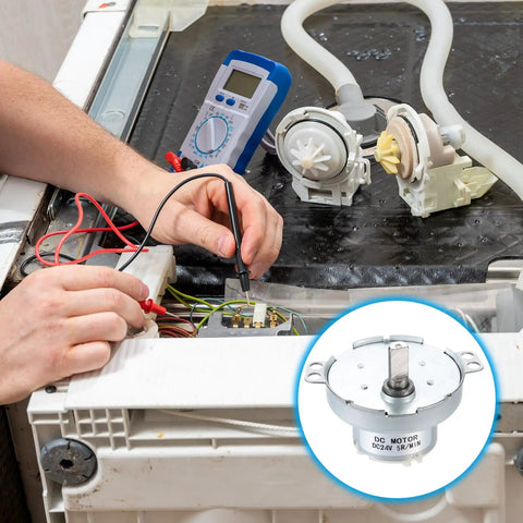 Hands testing appliance wiring with meter, inset Low Speed 24V DC Gear Motor With 5 RPM D Shaft CW CCW High Torque displayed.