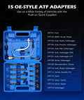 2 Gallon Transmission Fluid Transfer Pump Kit With 15 ATF Adapters For Easy Auto Transmission Fluid Refills At Home Or Shop Garage Ready Long Lever Manual Pump Built Tough Wide Compatibility With Most ATF Systems. blue case with 15 OE-style ATF adapters