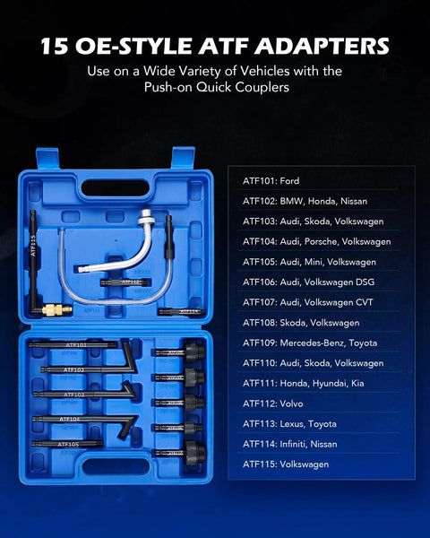 2 Gallon Transmission Fluid Transfer Pump Kit With 15 ATF Adapters For Easy Auto Transmission Fluid Refills At Home Or Shop Garage Ready Long Lever Manual Pump Built Tough Wide Compatibility With Most ATF Systems. blue case with 15 OE-style ATF adapters