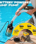 Cordless Submersible Water Pump With 1268 GPH High Flow 100W Motor shown in pool with DeWalt 20V battery compatibility, hose visible
