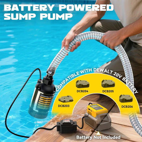 Cordless Submersible Water Pump With 1268 GPH High Flow 100W Motor shown in pool with DeWalt 20V battery compatibility, hose visible