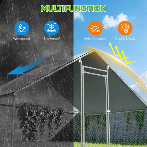 Large Metal Chicken Coop Walk In Runs 10x20 Feet With Cover showing weatherproof and UV-resistant features.