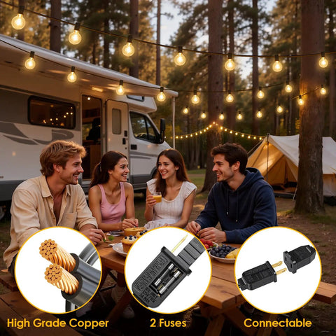 25 Foot G40 LED Outdoor String Lights With 11 Bulbs Plug In Waterproof Patio String Lights For Backyard Parties Dimmable Shatterproof Black Finish decor over camper with people dining outdoors