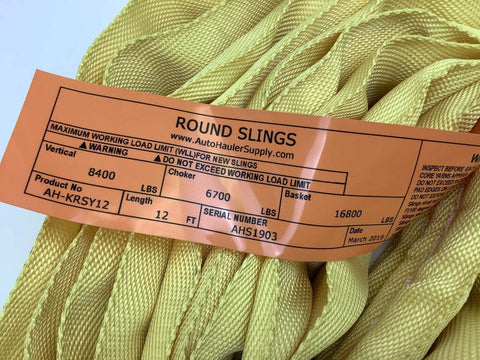 Yellow 12 Foot Endless Round Sling label showing load limits and product details