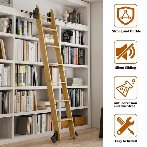 Sliding Ladder Hardware Kit With Brake Wheels, 3.3Ft To 24Ft Adjustable Track System, 10Ft Track Included, Carbon Steel Construction
