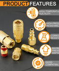 48 Piece One Quarter Inch Quick Connect Air Hose Fittings Kit With Swivel Brass Plated Pneumatic Tool Couplers And Plugs Set For Pneumatic Tools Built To Last Heavy Duty Leak Proof 300 PSI, brass fittings on dark background